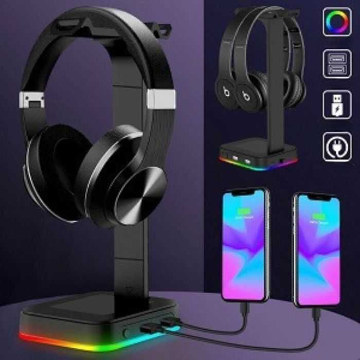 Suport casti gaming, Multifunctional, Iluminare RGB, 2xUSB, Negru