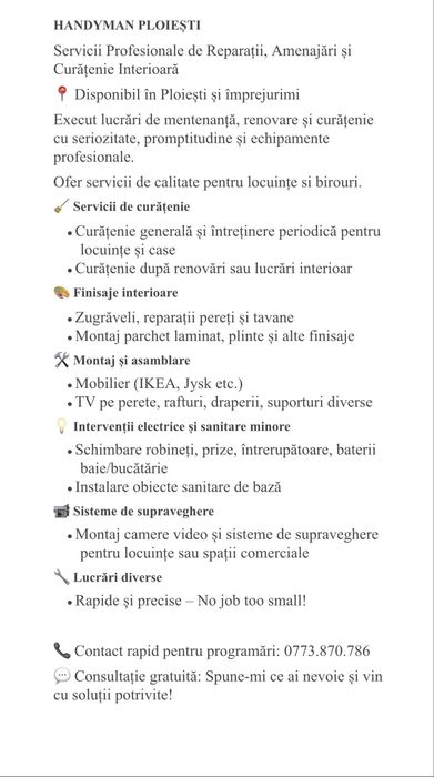 Curatenie case/apartamente Servicii Handyman Ploiesti