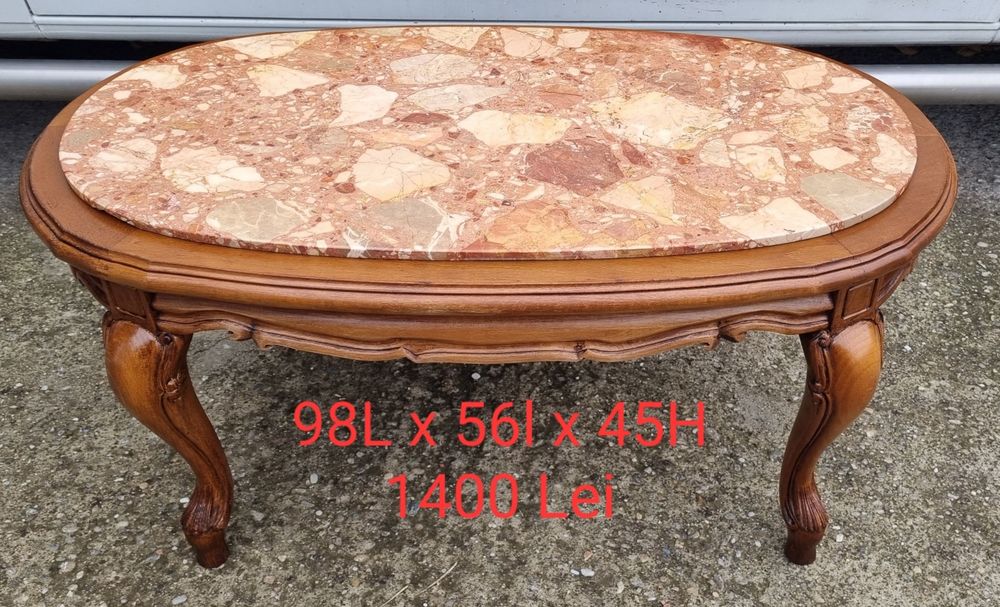 Măsuță cafea / Gheridon vintage din Lemn Masiv / Bronz / Marmura