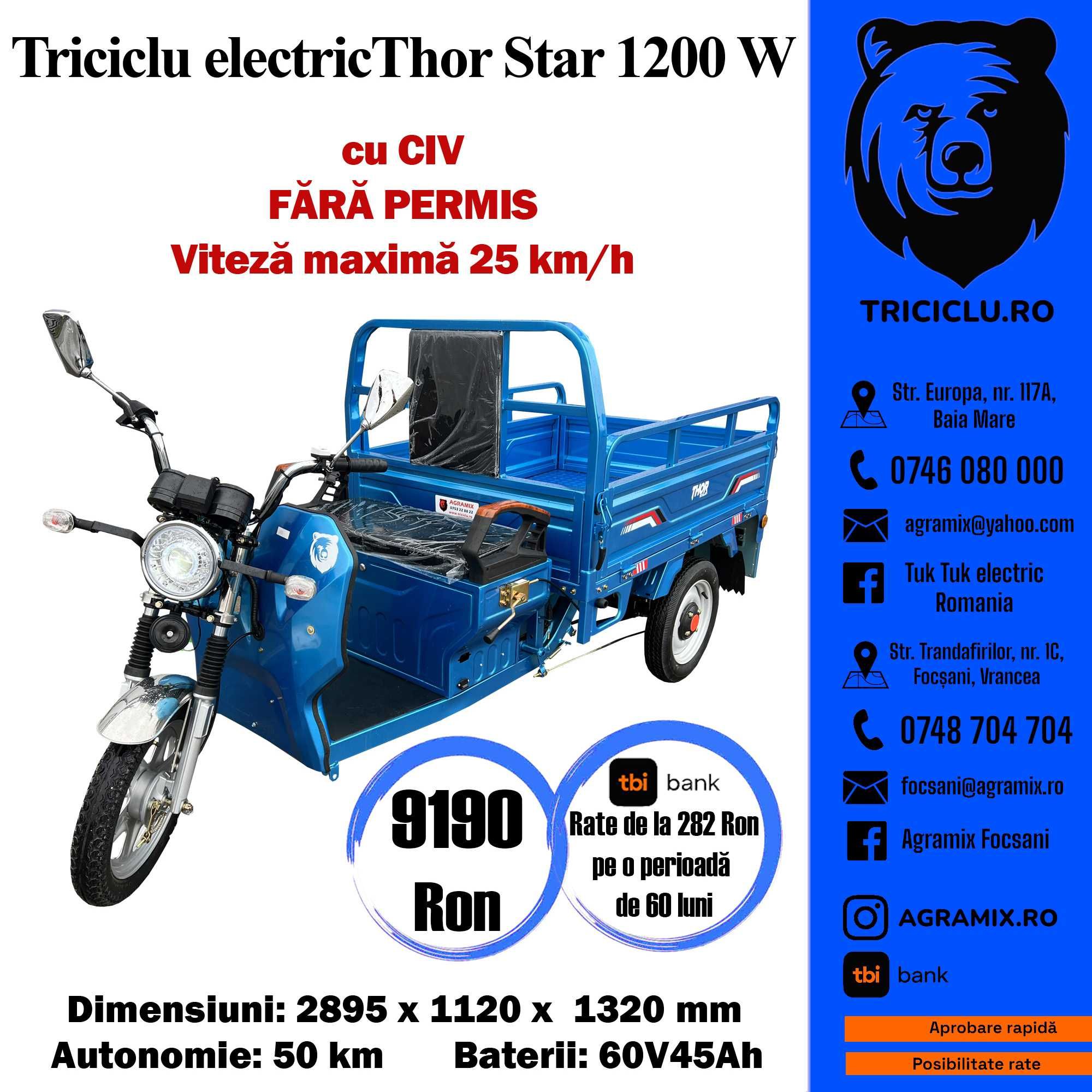 THOR STAR albastru triciclu electric cu CIV,FARA PERMIS nou Agramix