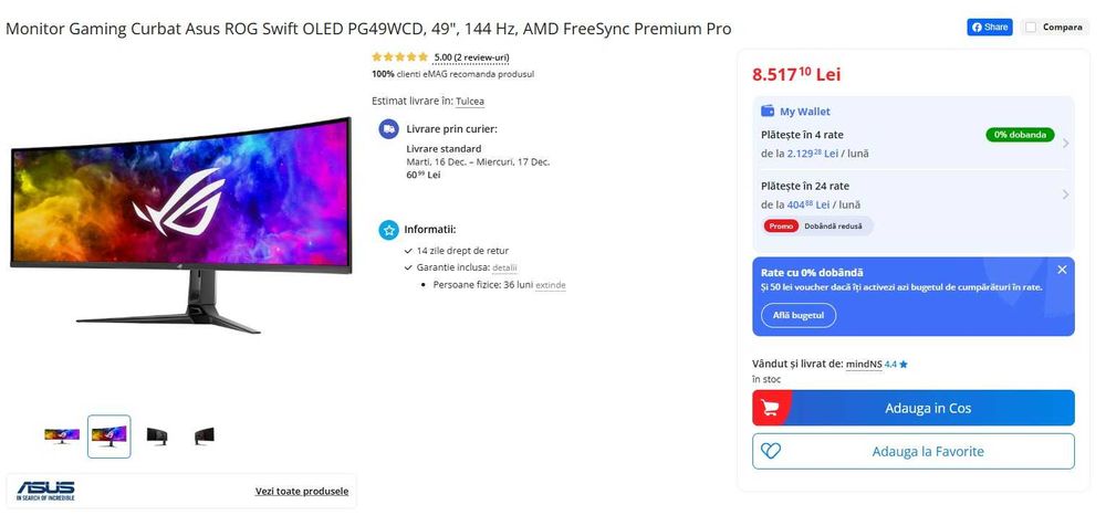 Monitor Gaming Asus Rog 49 Inch PRODUS NOU ( 124 CM )Curbat / Amanet T