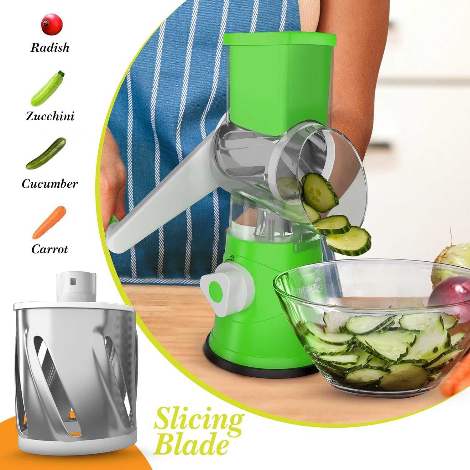 Feliator manual 3-in-1 cu manivela si 3 lame interschimbabile din inox