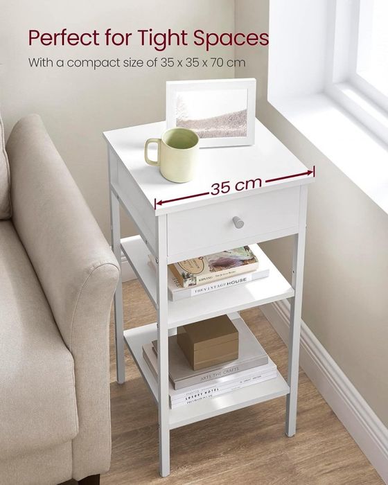 VASAGLE 2 Buc Noptieră Albă cu Rafturi și Sertar Comodă Consolă Măsuță
