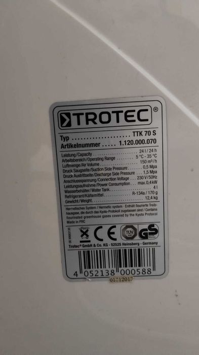 Dezumidificator Trotec TTK70S, 24 litri/zi, 150mc/h pt spatii de 50mp