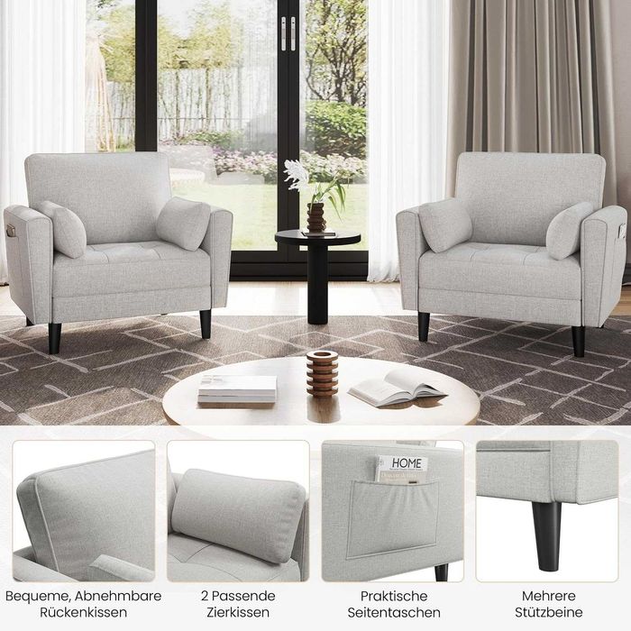 Fotoliu modern cu perne laterale și buzunare laterale |S 614586 Griege