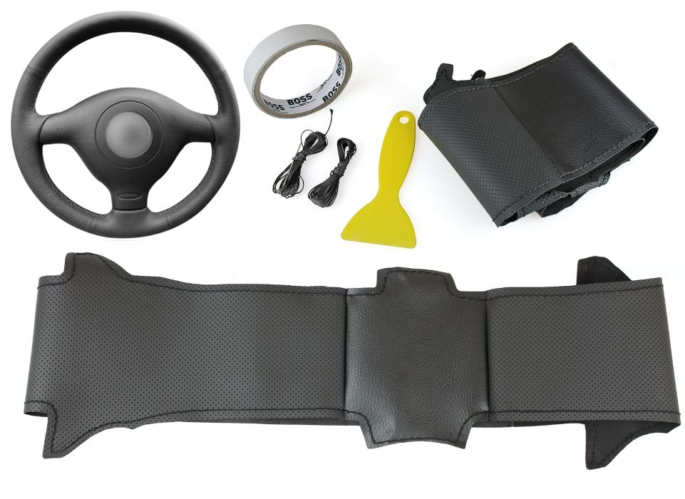 Husa volan piele negru 38 cm. pentru VW-GOLF 4, BORA, POLO Seat Leon