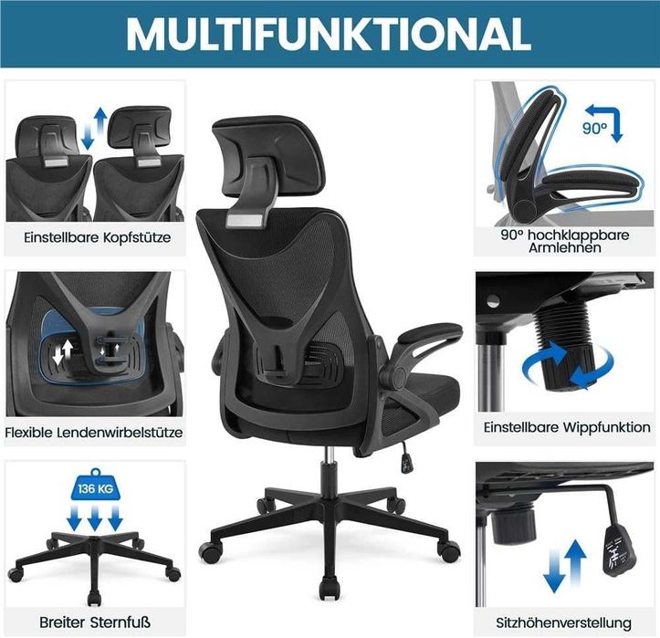 Scaun birou ergonomic cu tetieră și brațe rabatabile |S 592717 Black