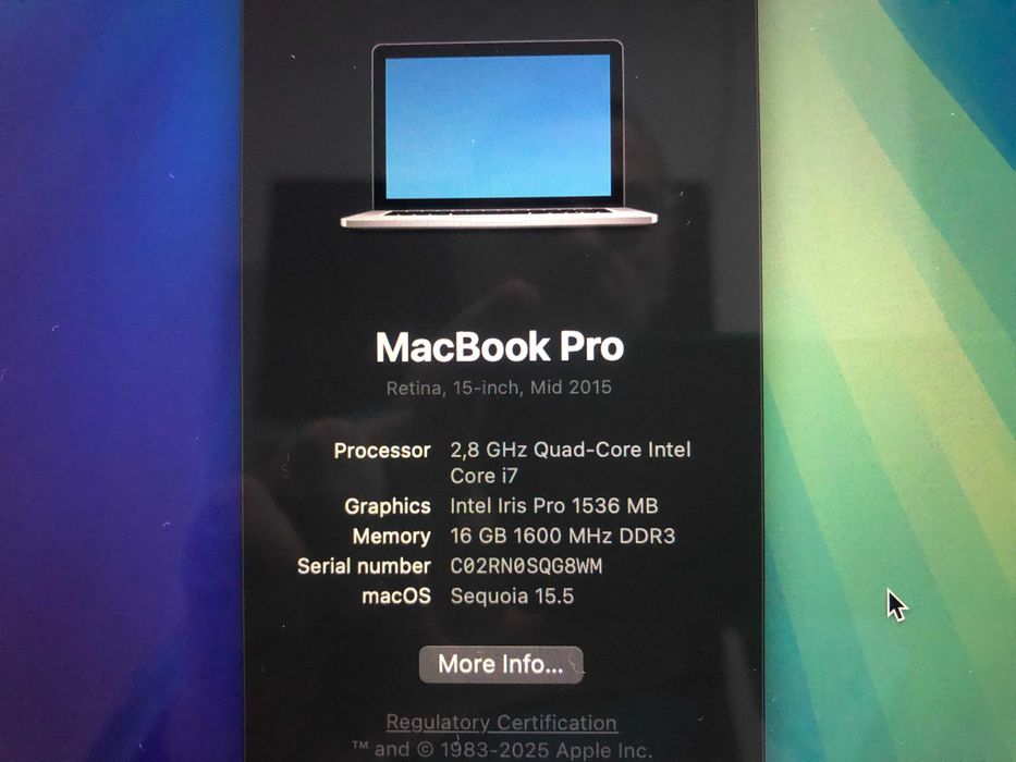 MacBook Pro 15, 2015 Retina, 2,8 GHz i7, 16 GB,flash 128 GB, IMPECABIL