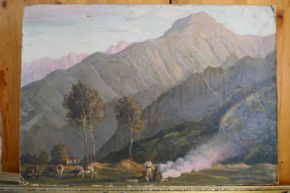 Ary Murnu (1881-1971) TABLOU Peisaj de tara munte Ulei/Carton 70 50cm