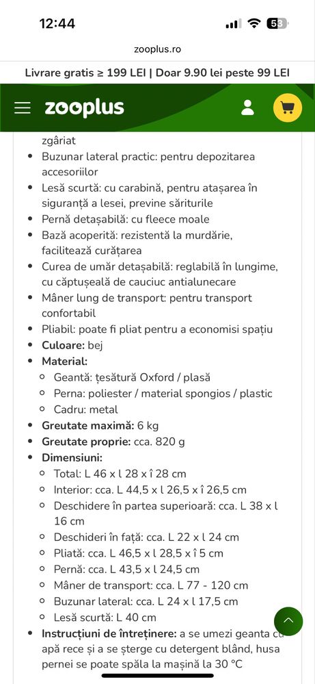 Geanta de transport animale L 46 x l 28 x î 28 cm