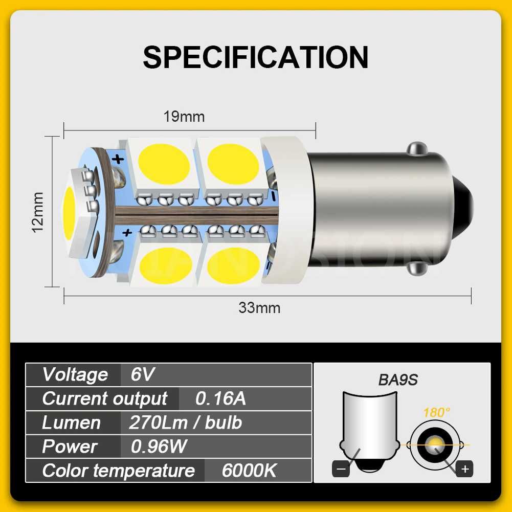 Лед крушки за габарит 9LED BA9S T4W 12V 5050 SMD- А-3020