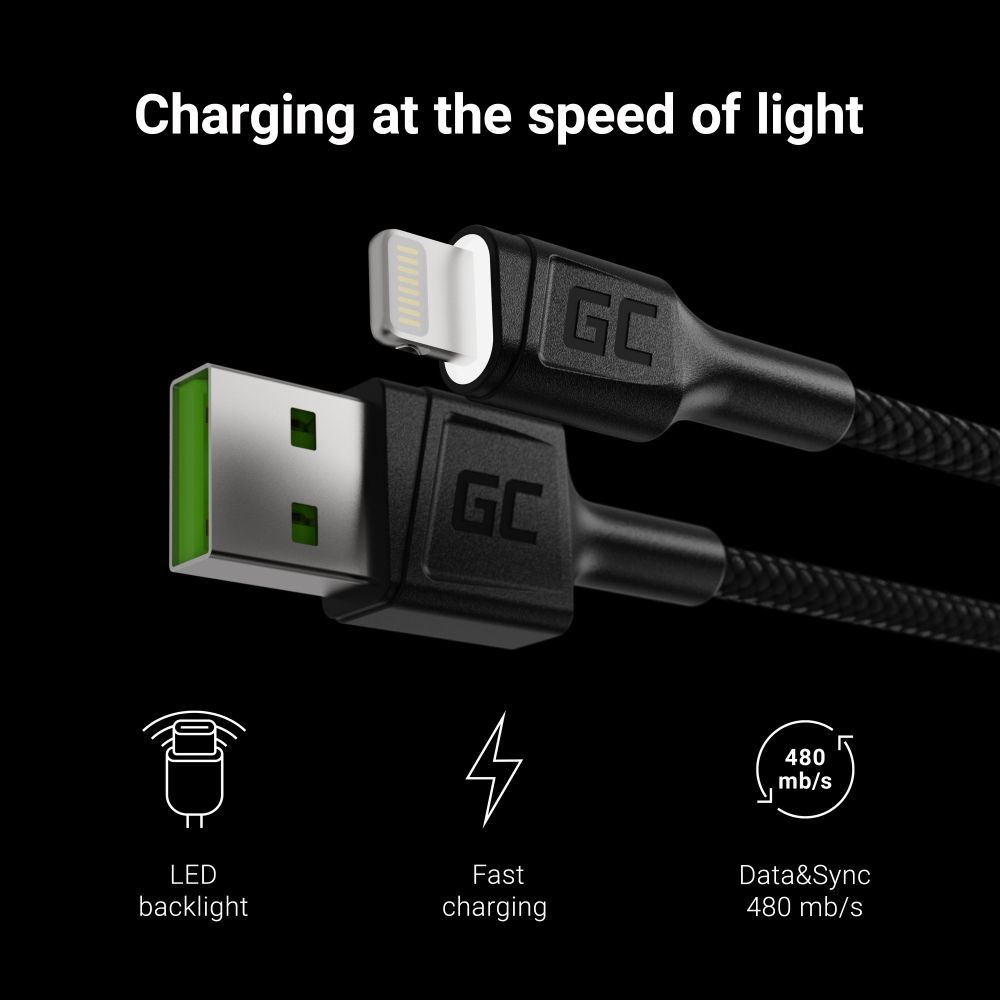 Cablu de Date USB la Lightning, 2 m, Fast Charging 2.4A, LED alb, G...