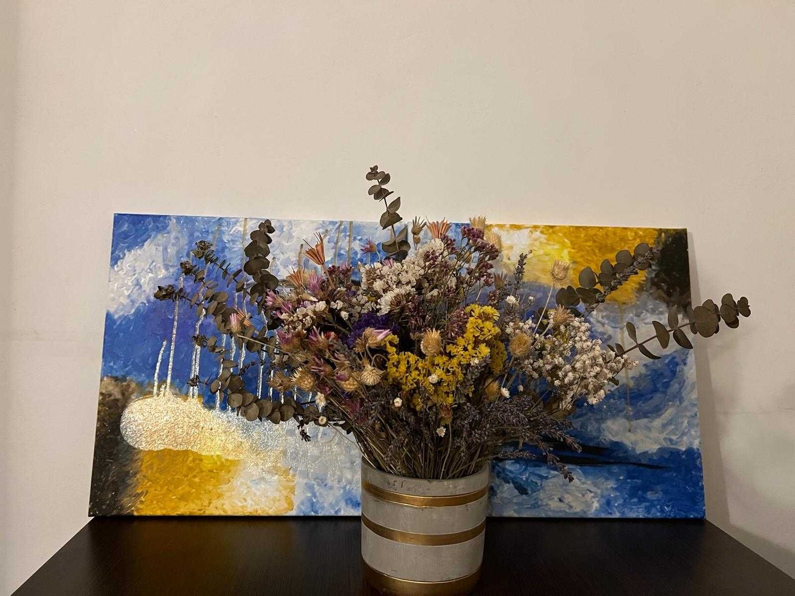 Tablou abstract pictat manual - vopsea acrilica -albastru-galben-auriu