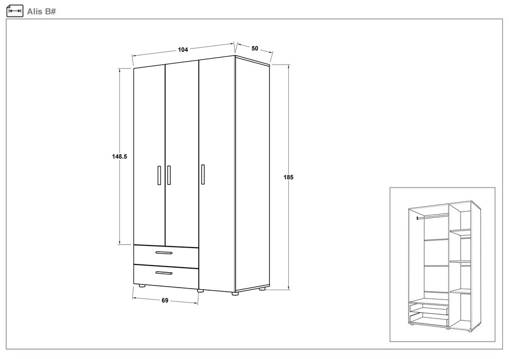 Гардероб Алис Виденов - 104/185 см. - Бял гланц и дъб сонома