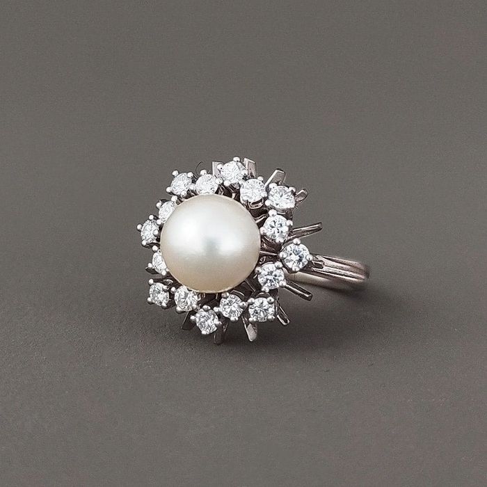 inel aur 18k, perla Akoya, diamante excelente, certif.
