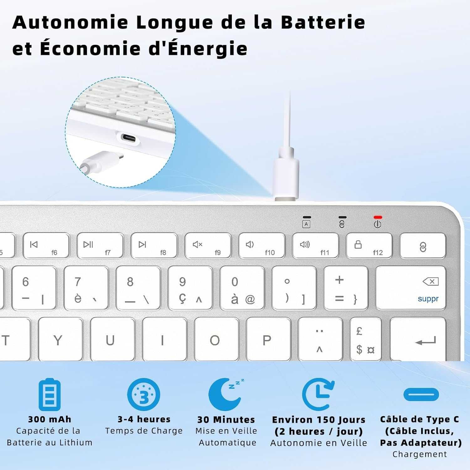 НОВА! Безжична Bluetooth клавиатура, тиха, AZERTY, мултимедийни бутони