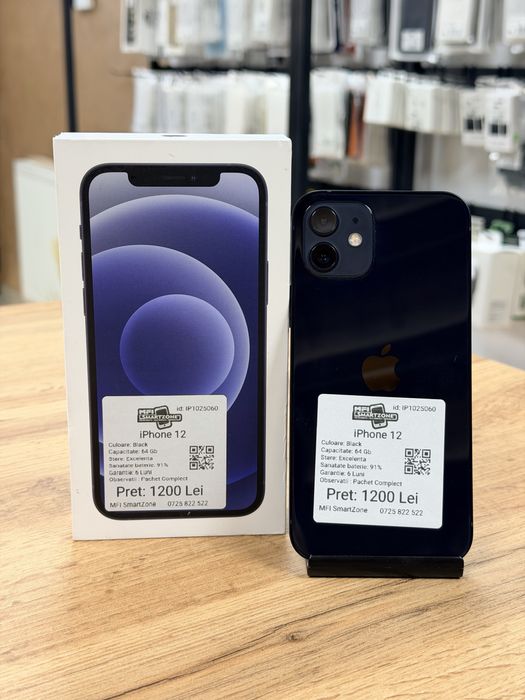 Iphone 12 Black - Sanatate baterie 91% - Stare foarte buna - Garantie