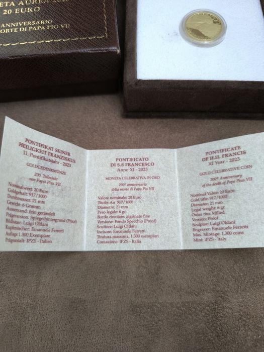 20 златни евро Ватикана"200-годишнина от смъртта на папа Пий VII