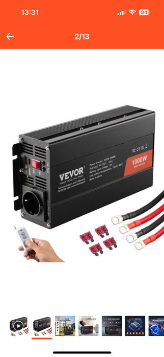 VEVOR Invertor cu undă sinusoidală pură, 1000 Wați, DC 12V la AC 230V