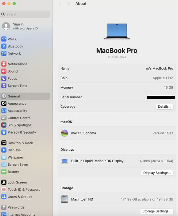 MacBook Pro 14-inch/ M1 Pro / 16 Gb RAM / 512 Gb / Space Black /Ca nou