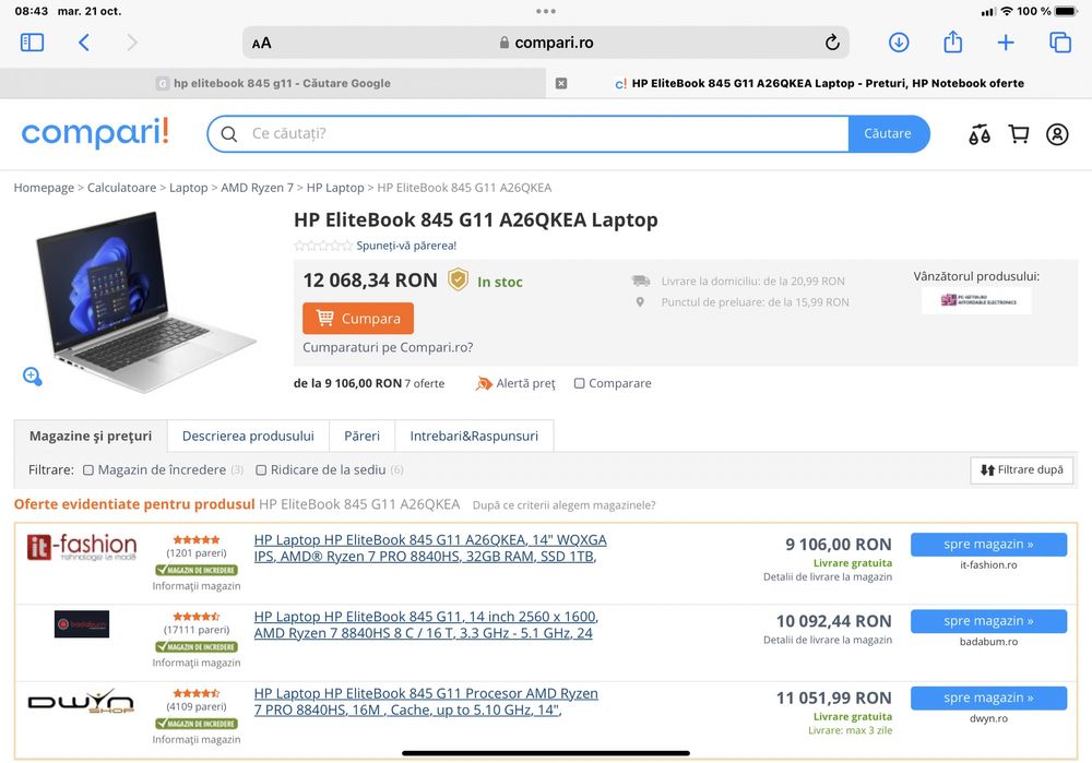 Hp eliteBook 845 gen 11 -32 gb Ram -256 SSD nou