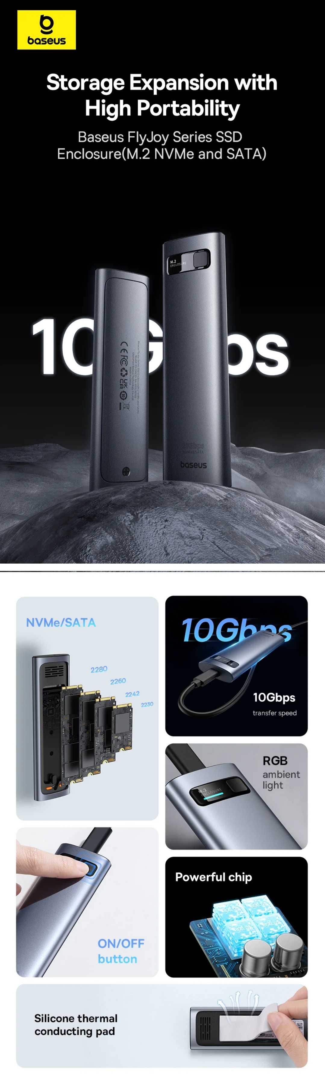 Baseus 10Gbps USB 3.2 Gen2 Бокс для внешнего диска SSD M.2 NVMe & SATA
