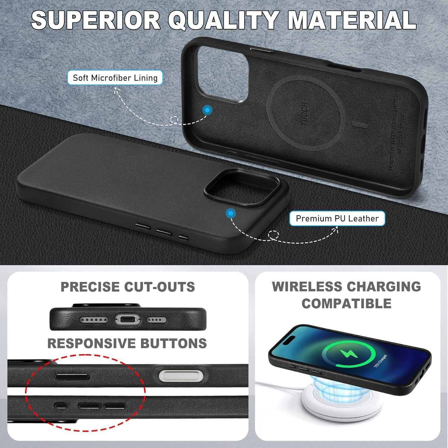 TUCCH Магнитен калъф за iPhone 16 Pro Max (6,9") 2024  PU кожа, черен