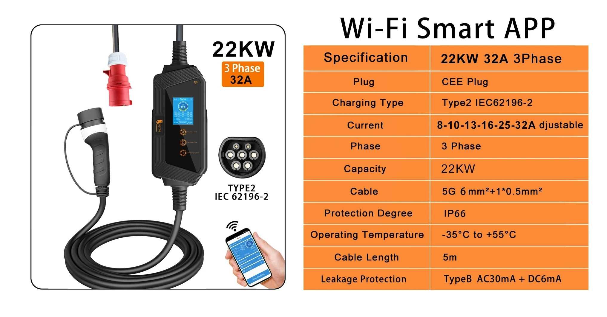 Зарядна Станция за Електромобил, 22 kW; Тип 2; Мобилно Приложение;WiFi