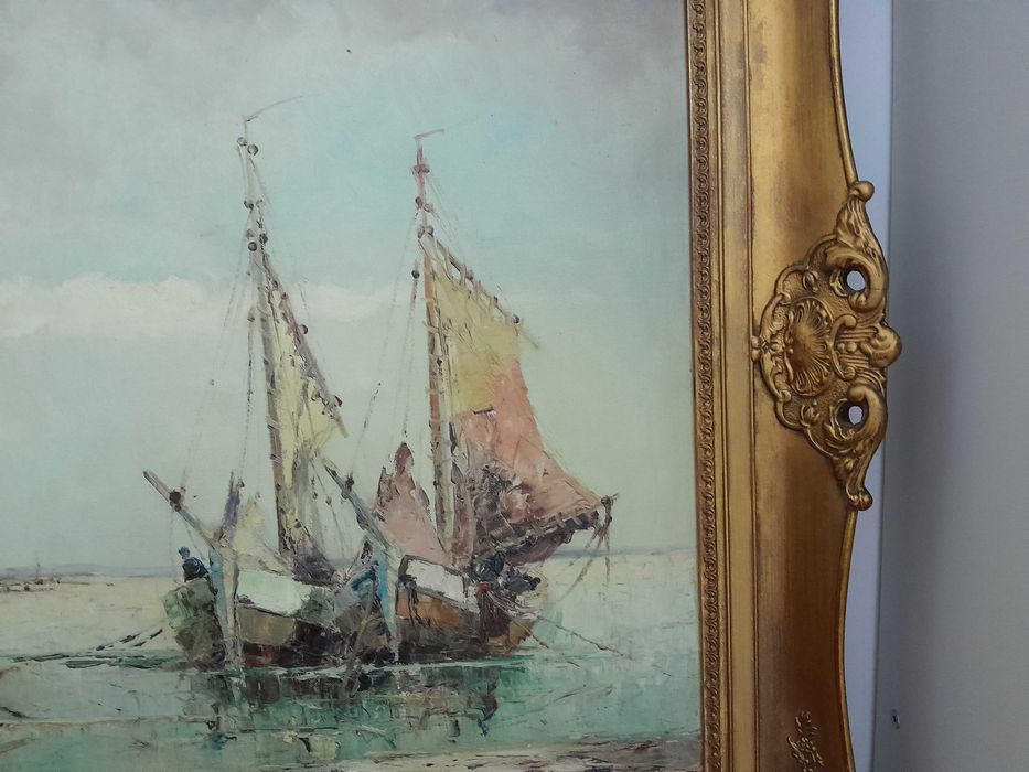 Tablou vechi, pictură flamandă, marină, U/P - 100cm x 80cm, ramă epocă
