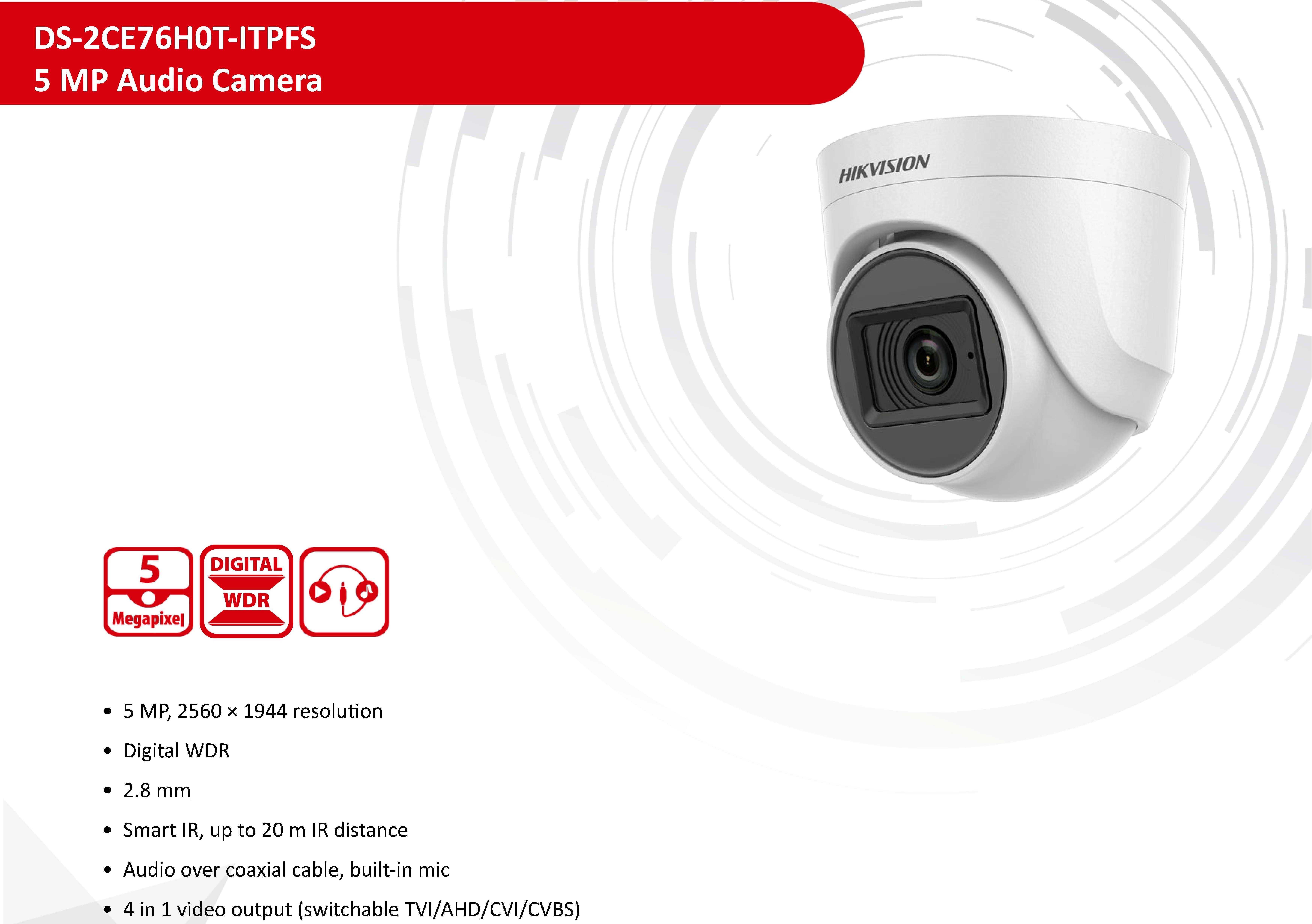 Hikvision DS-2CE76H0T-ITPFS 5MPx Водоустойчива Аудио Камера с Микрофон