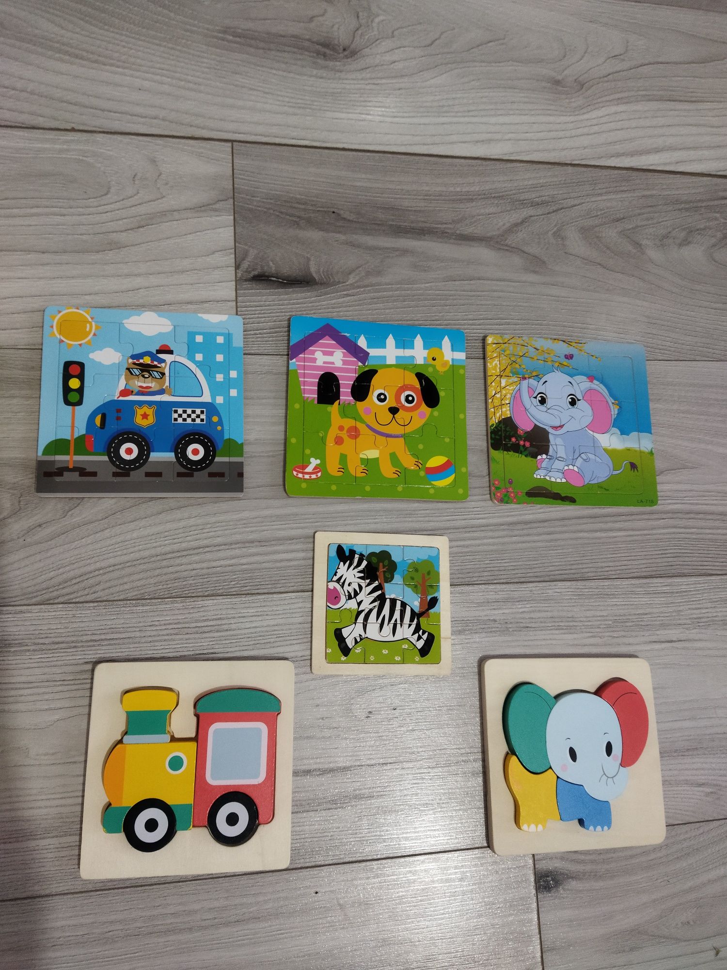 Lot 6 puzzle uri din lemn Montessori cu animăluțe tren masinuta