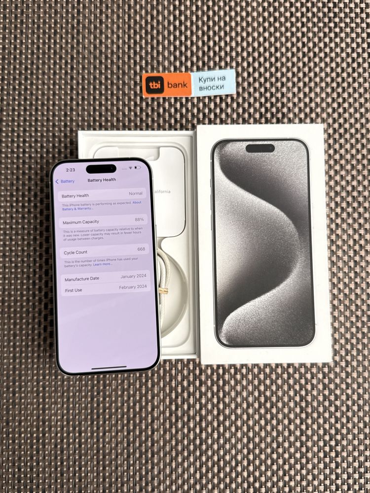 КАТО НОВ! /*ЛИЗИНГ*/ IPhone 15 Pro / White Titanium 128Gb Айфон