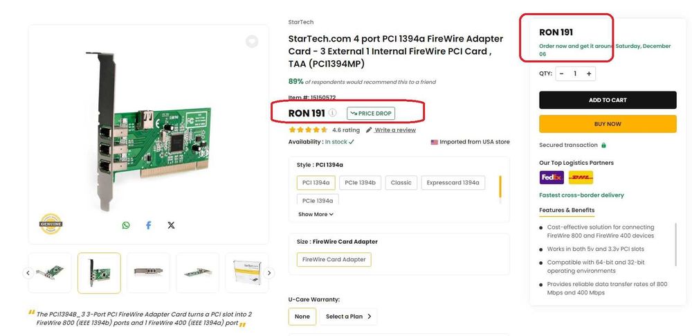 PCI 1394  FireWire Adapter Card Pinnacle