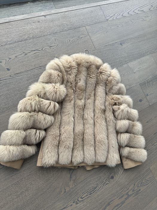 Палто от естествен косъм лисица и естествена кожа светло кафяво