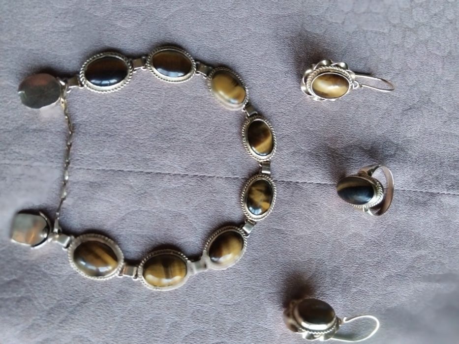 Brățară, cercei ,inel, pandantiv,aur și piatra ochi de tigru!