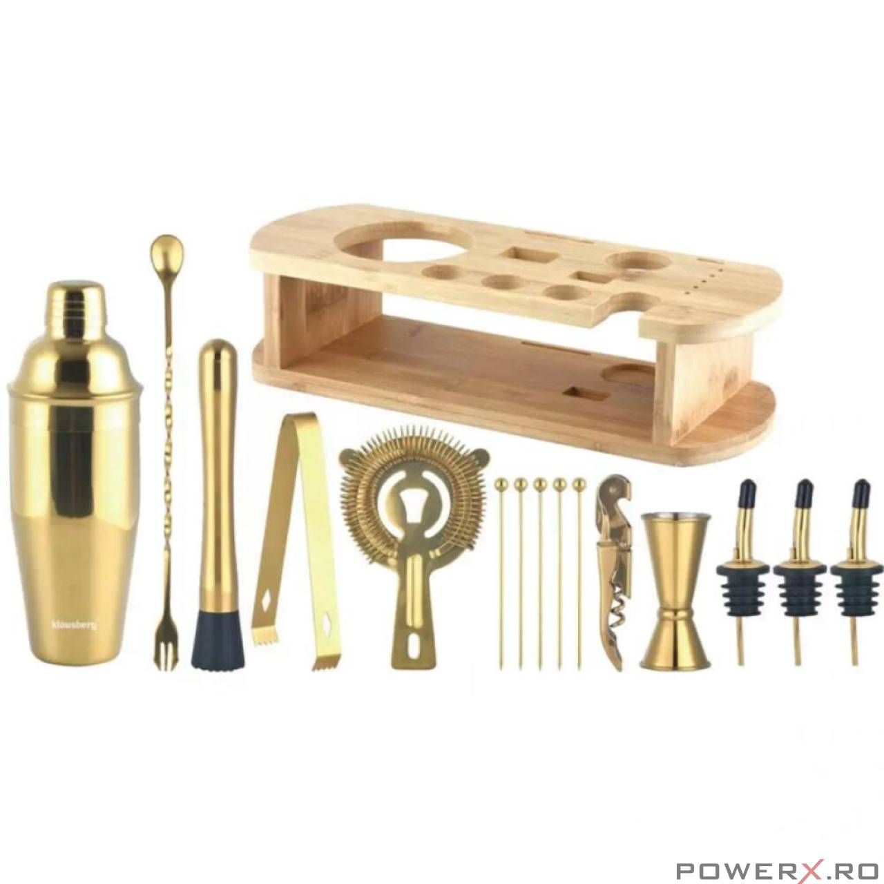 Set cocktail shaker pentru barmani,16 piese, auriu, Klausberg