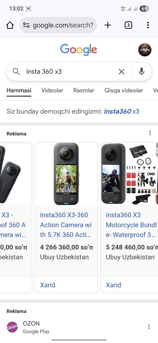 Insta 360 x3 256 gb xotira sotiladi faqat uzi bor