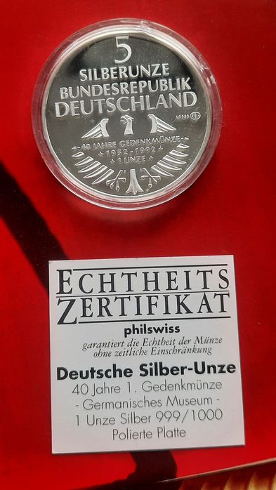 Възпоменателна монета 5 DM с Германския музей, със сертификат, сребро