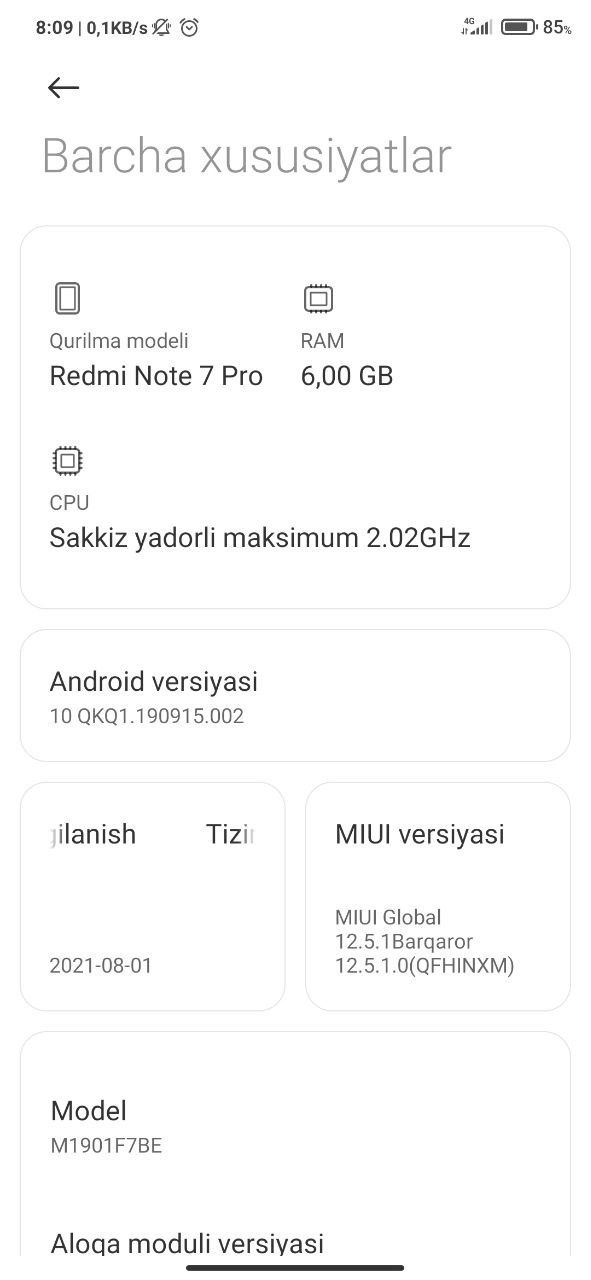 Redmi not 7 pro xotira 128 apearatika 6