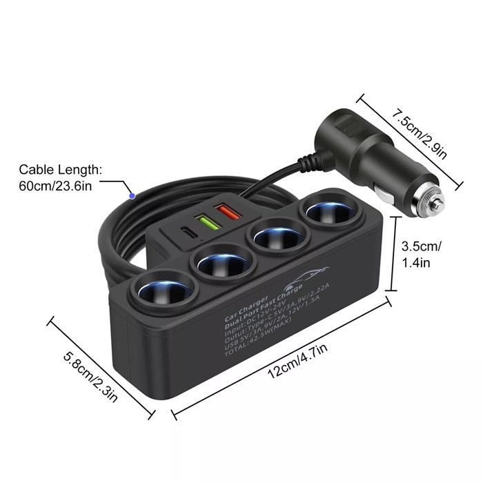 Разклонител за запалка С 4 Гнезда, 2 x USB, 1 x Type-C кола бус 12v 24