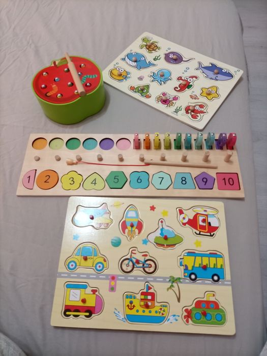 Дървени пъзели+дървена ябълка с магнитни червейчета