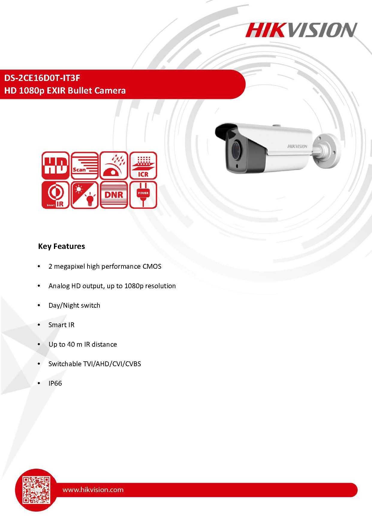 Камера HikvisionTVI CVI 2CE16D0T-IT3F 2MP 40М EXIR Нощ Видеонаблюдение