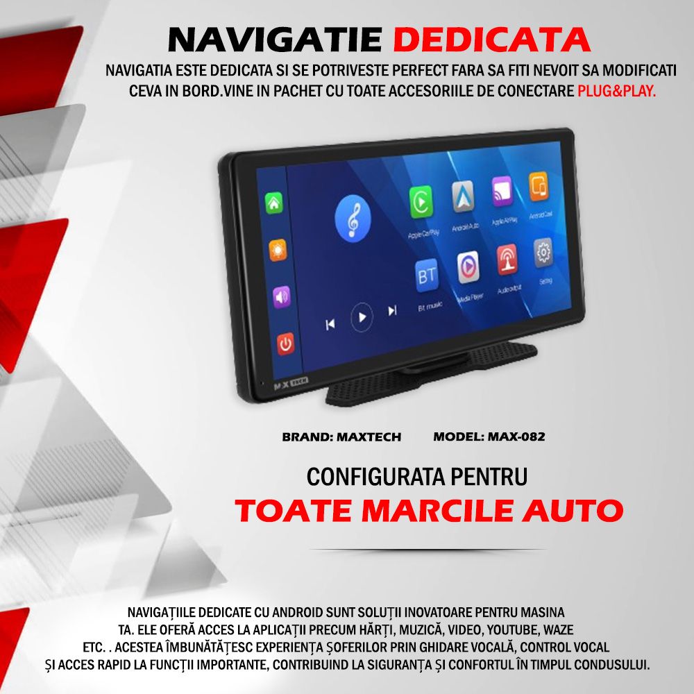 Navigatie Auto Portabila Wireless Carplay & Android  GPS, Ecran tactil