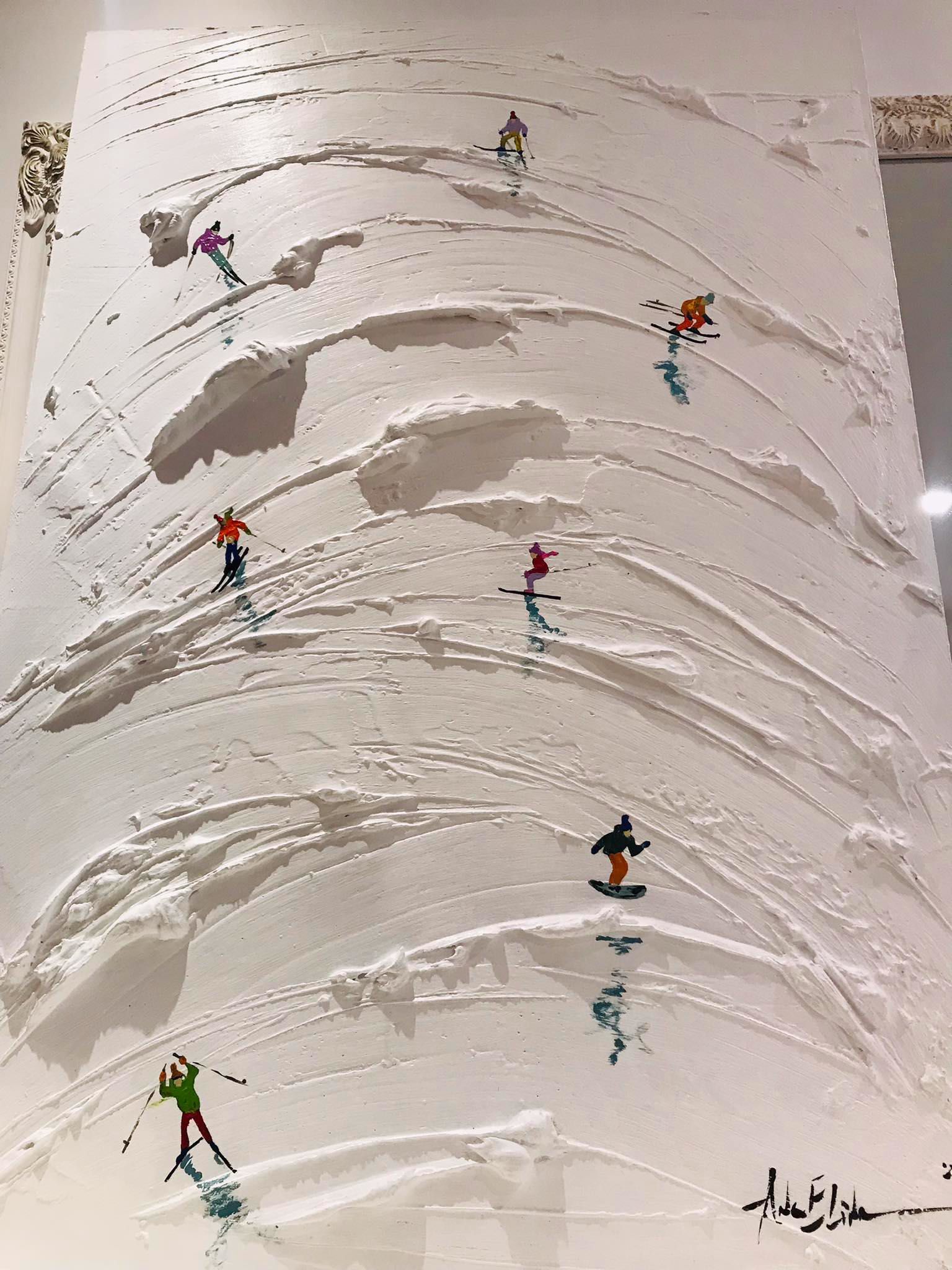 Арт пано, релефно, ръчно, картина, скиорчета, ски, сноуборд