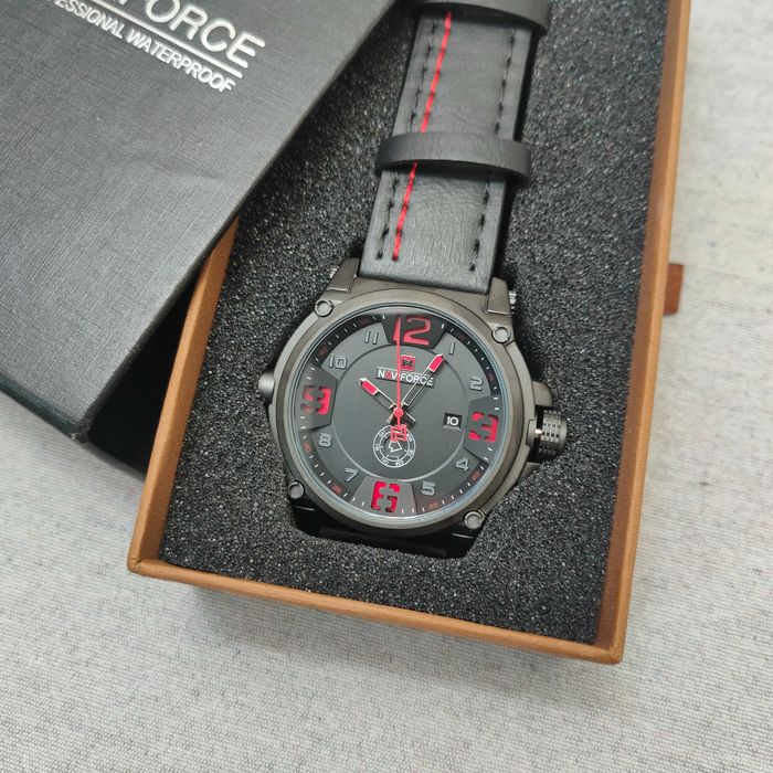 Naviforce 9099 — новые оригинальные часы, чёрные с красными акцентами