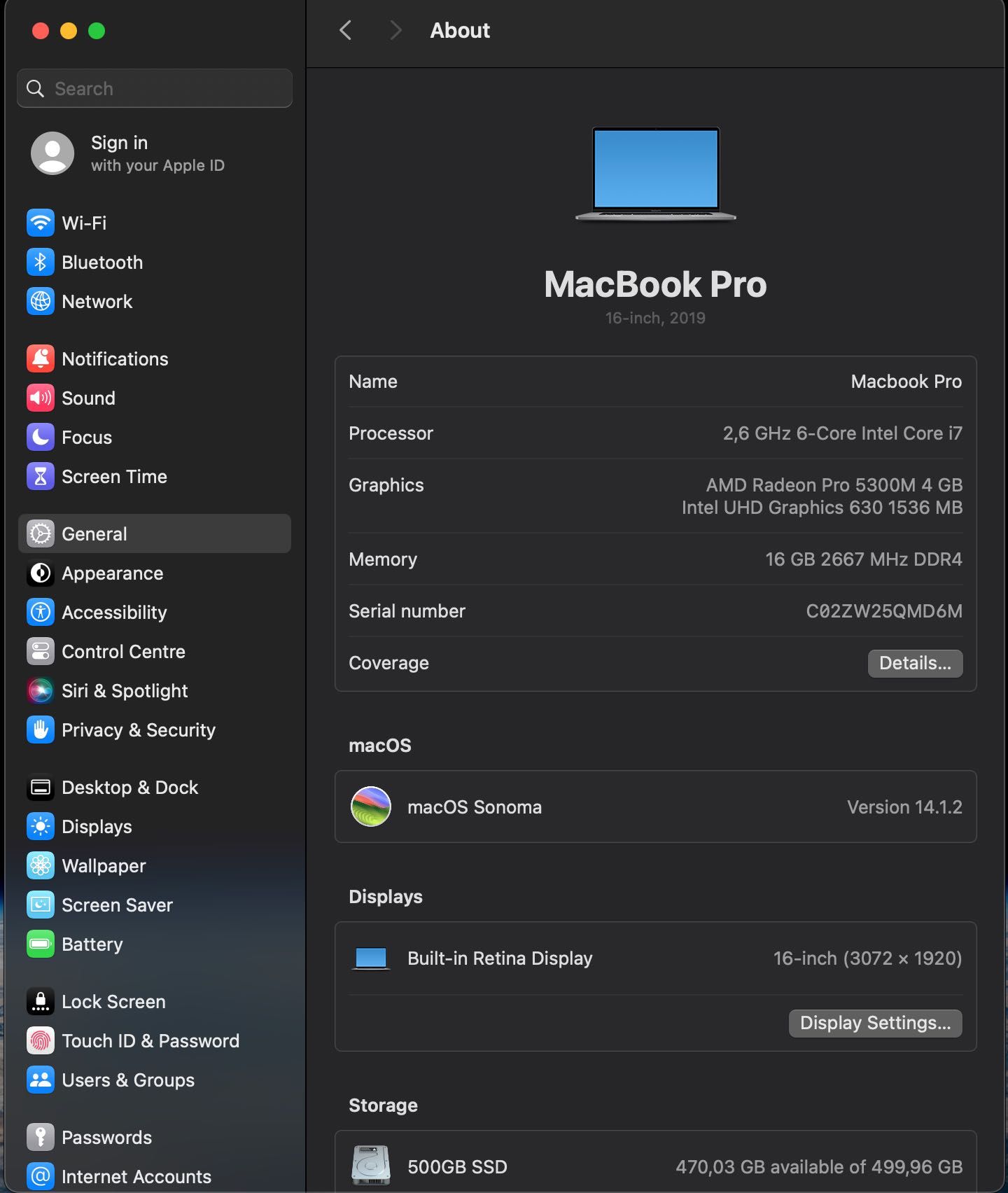 MacBook Pro 16 inch 2019 A2141 i7/16GB/500GB Space Gray