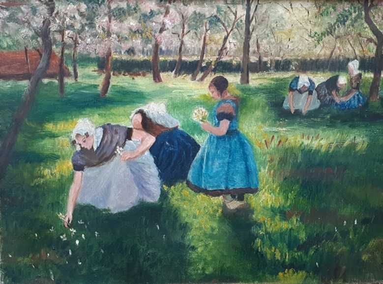 Tablou vechi - la cules de flori - nesemnat