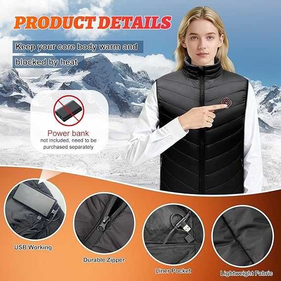 Отопляема жилетка за мъже и жени, 27 зони, 3 нива, без батерия