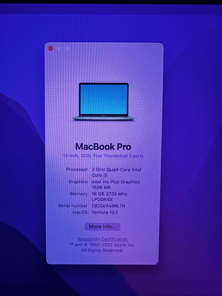 Macbook Pro 13” 2020 16 gb / 512 gb