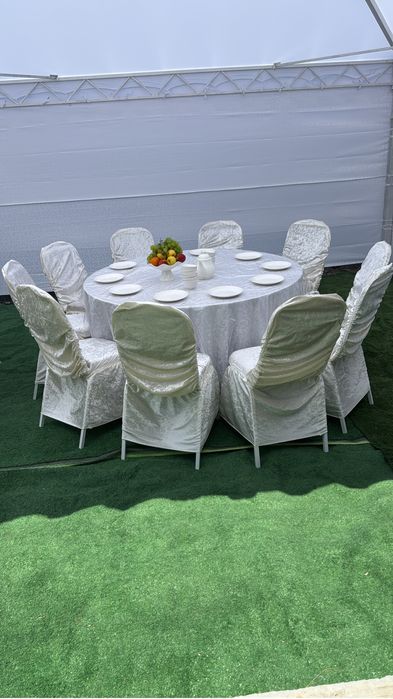 Домалақ стол, орындықтар, ыдыс аяқ, қазан-ошақ жалға беріледі.